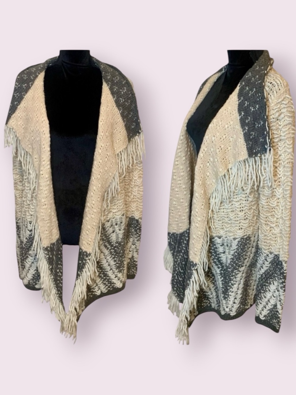 Lovestitch Open Front Chunky Boho Cardigan Fringes Cream Gray Medium